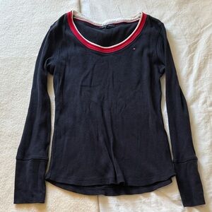 Tommy Hilfiger Navy Long Sleeve Waffle Top with Red and White Trim Small